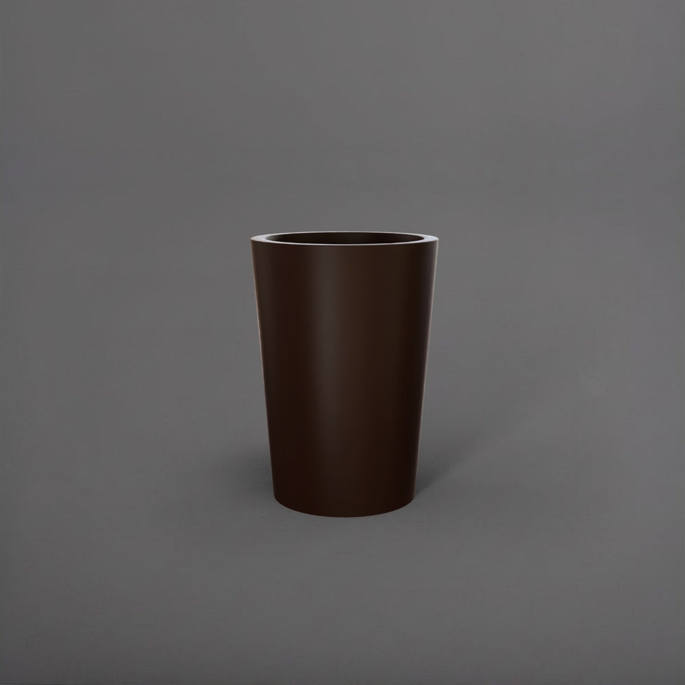 Tagel Tapered Round Fiberglass Planter in matte dark brown against gray background.