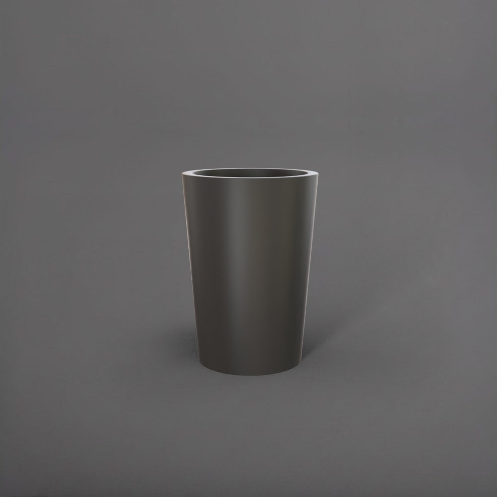 Tagel Tapered Round Fiberglass Planter in matte gunmetal against gray background.