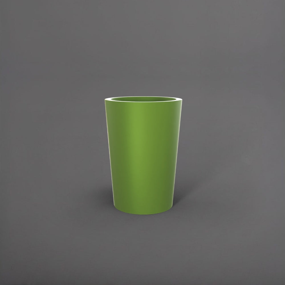 Tagel Tapered Round Fiberglass Planter in satin green against gray background.