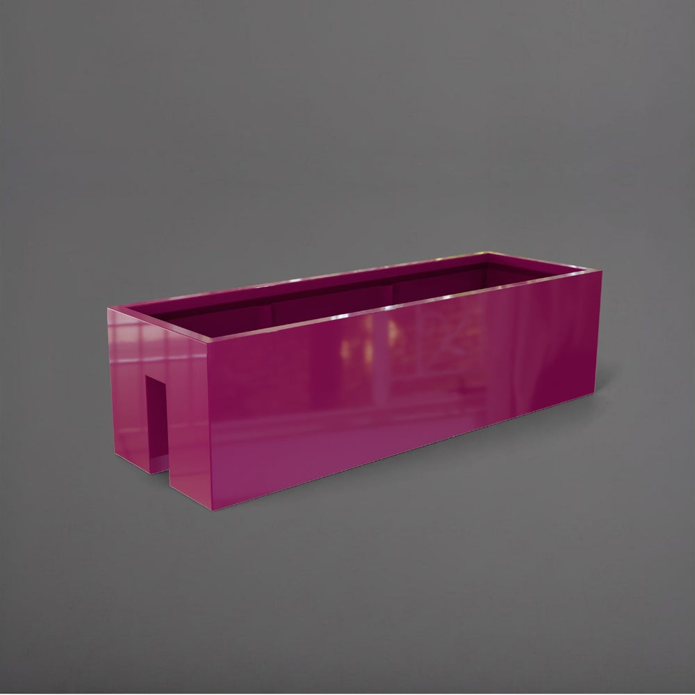 Tiergarden Railing Fiberglass Planter in gloss eggplant against gray background.