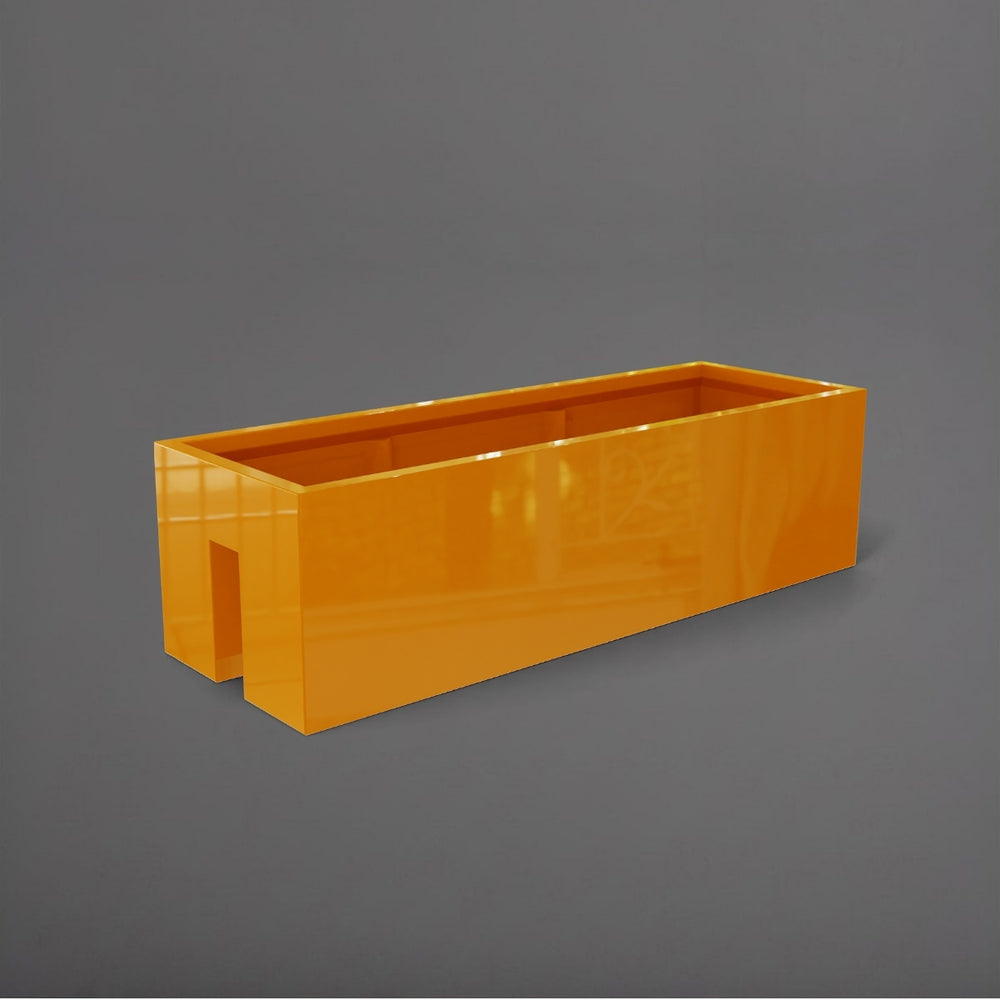 Tiergarden Railing Fiberglass Planter in gloss tangerine against gray background.