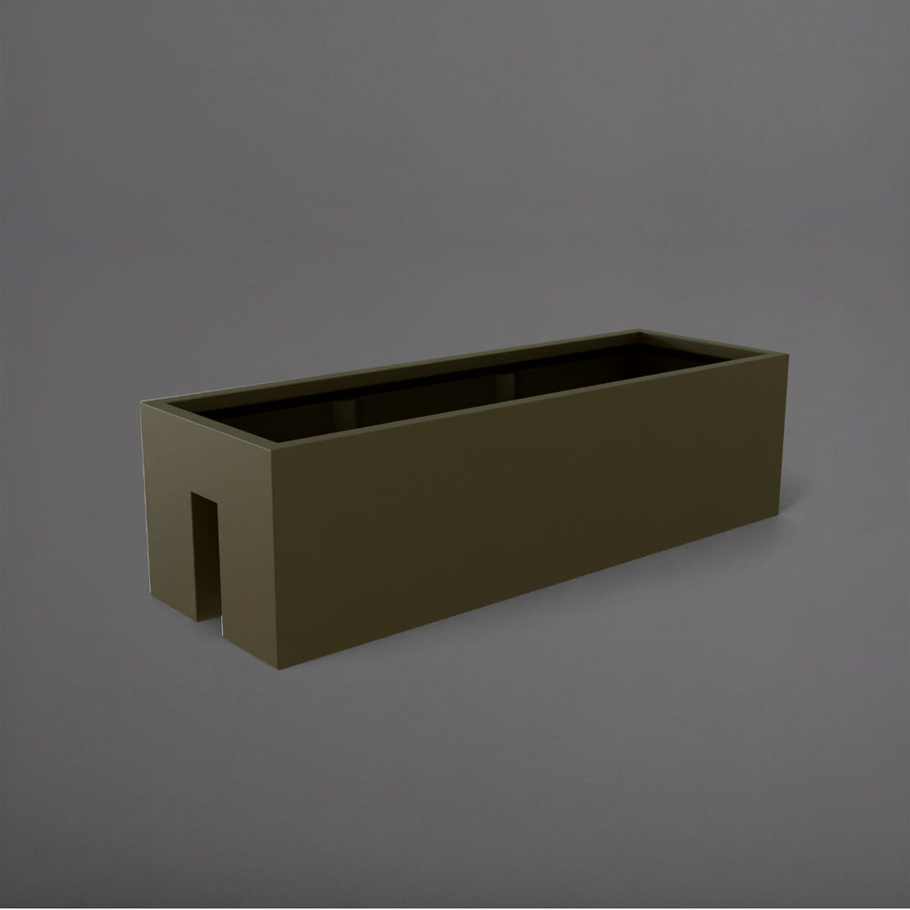 Tiergarden Railing Fiberglass Planter in matte bronze against gray background.