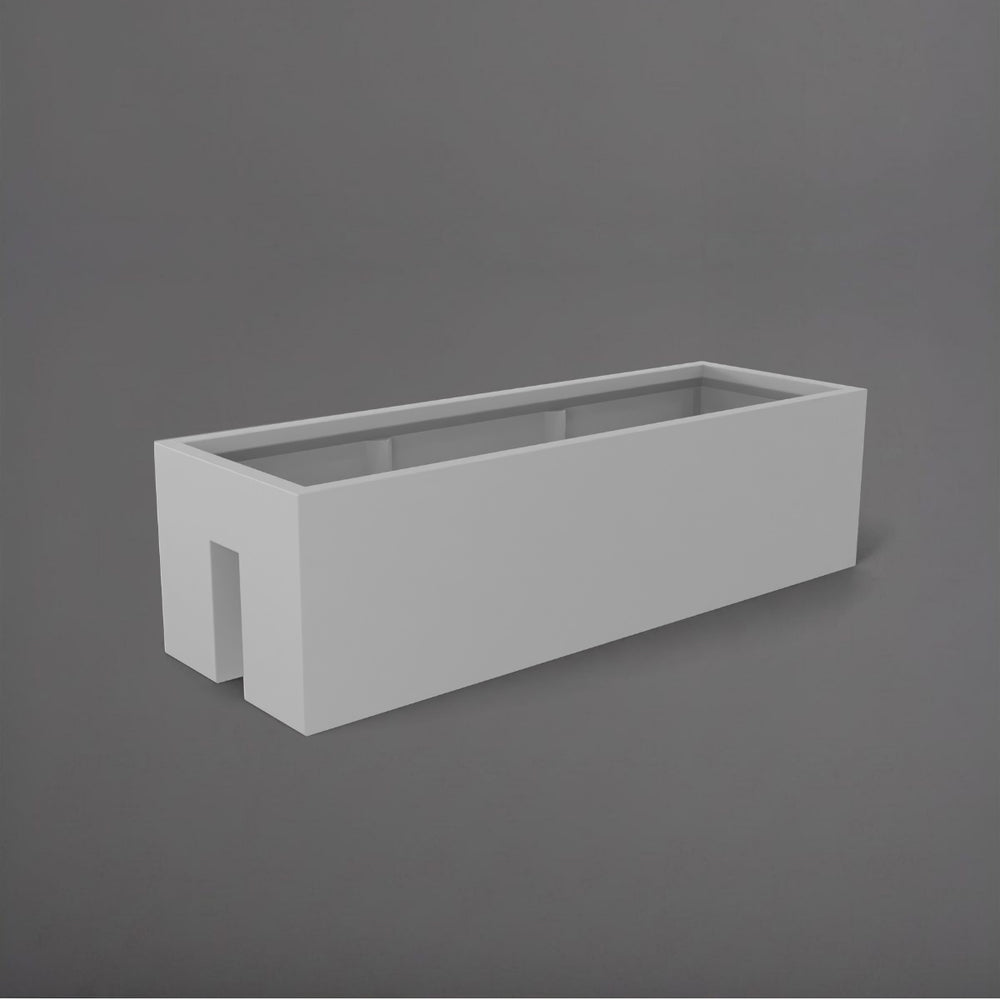 Tiergarden Railing Fiberglass Planter in matte cement grey against gray background.