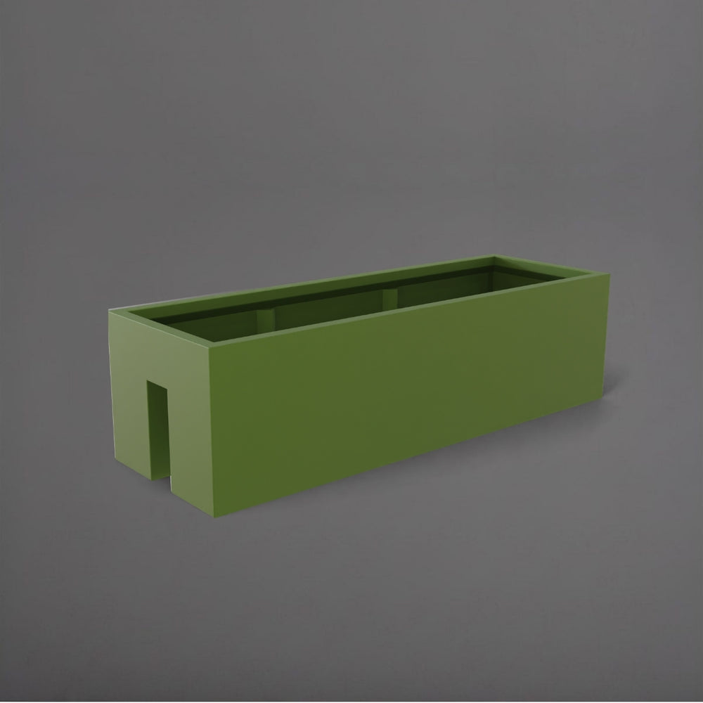 Tiergarden Railing Fiberglass Planter in satin green against gray background.
