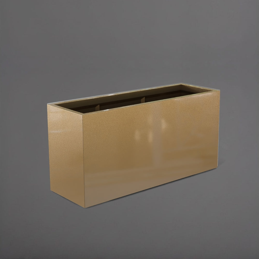 Tolga Rectangle Fiberglass Planter in gloss metallic gold against gray background.