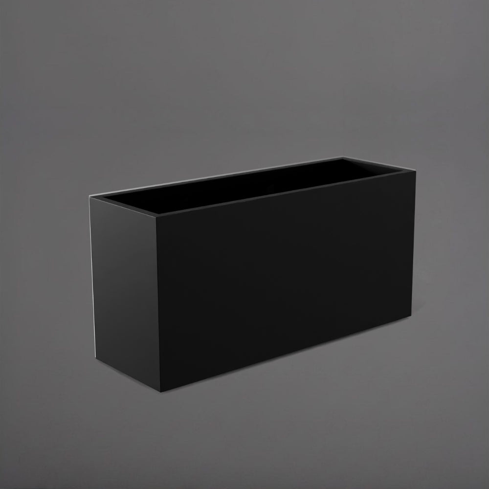 Tolga Rectangle Fiberglass Planter in matte black against gray background.
