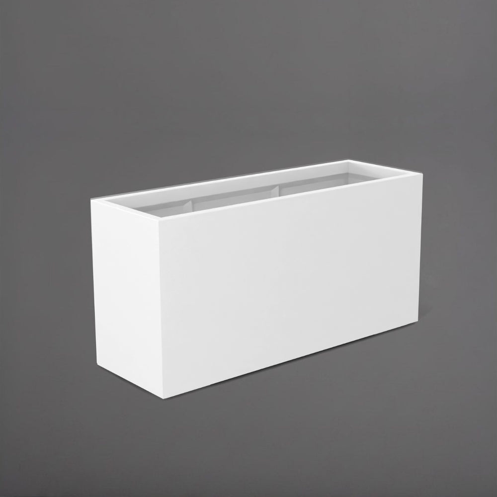 Tolga Rectangle Fiberglass Planter in matte bright white against gray background.