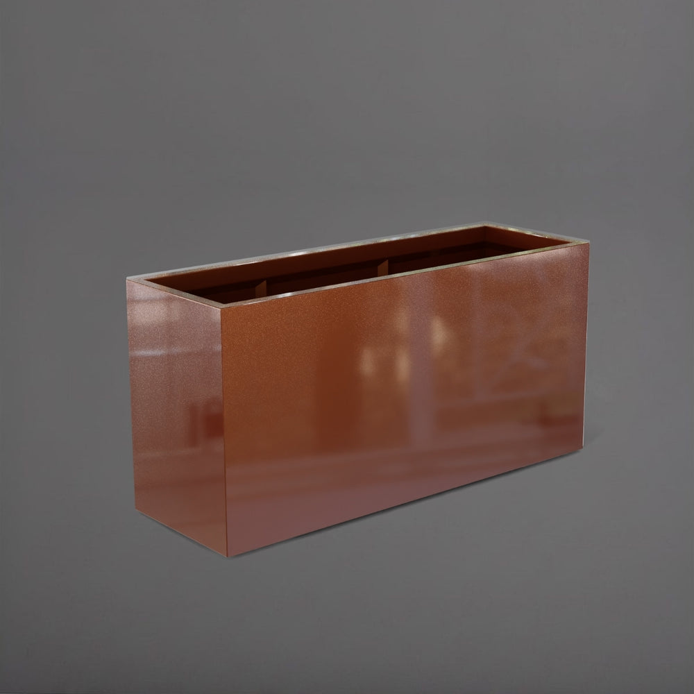 Tolga Rectangle Fiberglass Planter in metallic bronze against gray background.