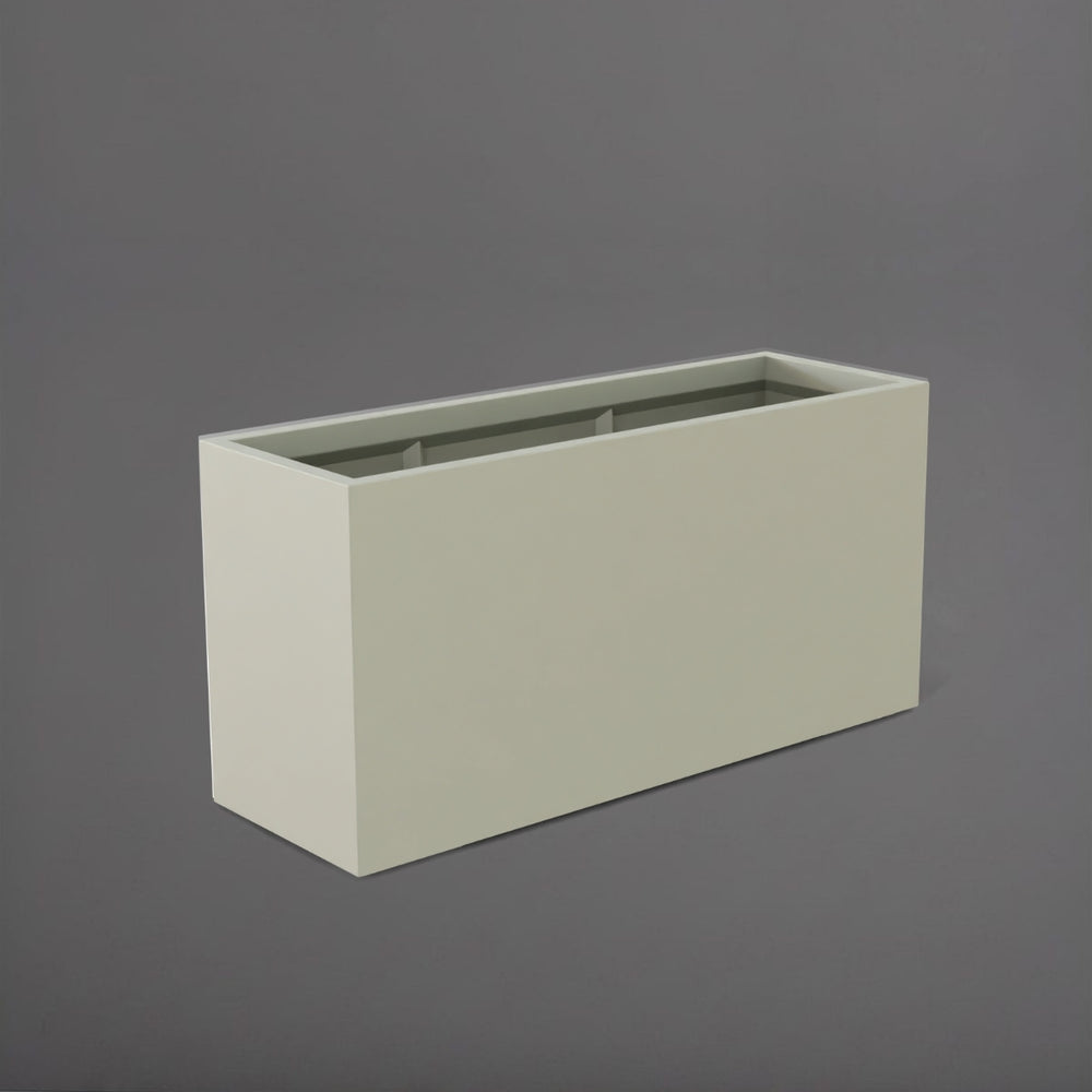 Tolga Rectangle Fiberglass Planter in satin beige against gray background.