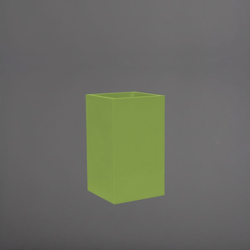 Torino Corner Fiberglass Planter in satin green against gray background.