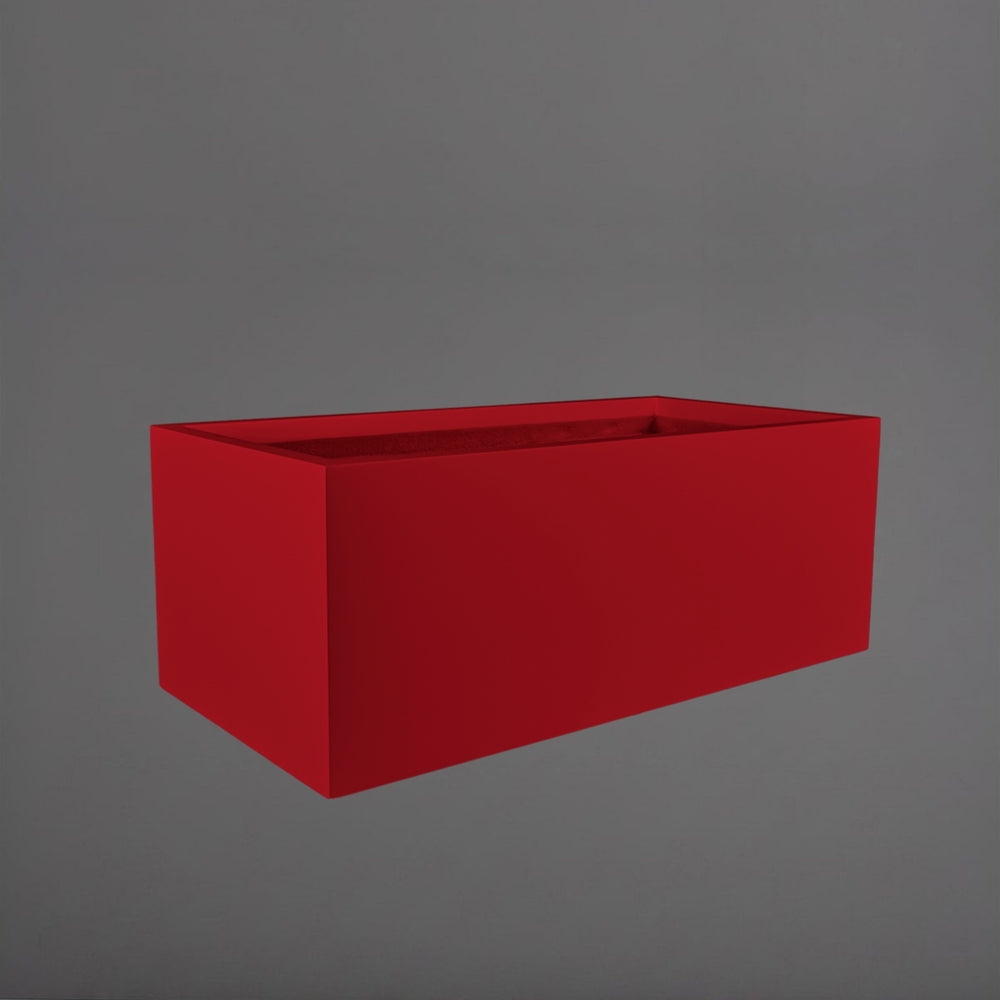 Torino Wide Rectangle Fiberglass Planter in gloss red against gray background.