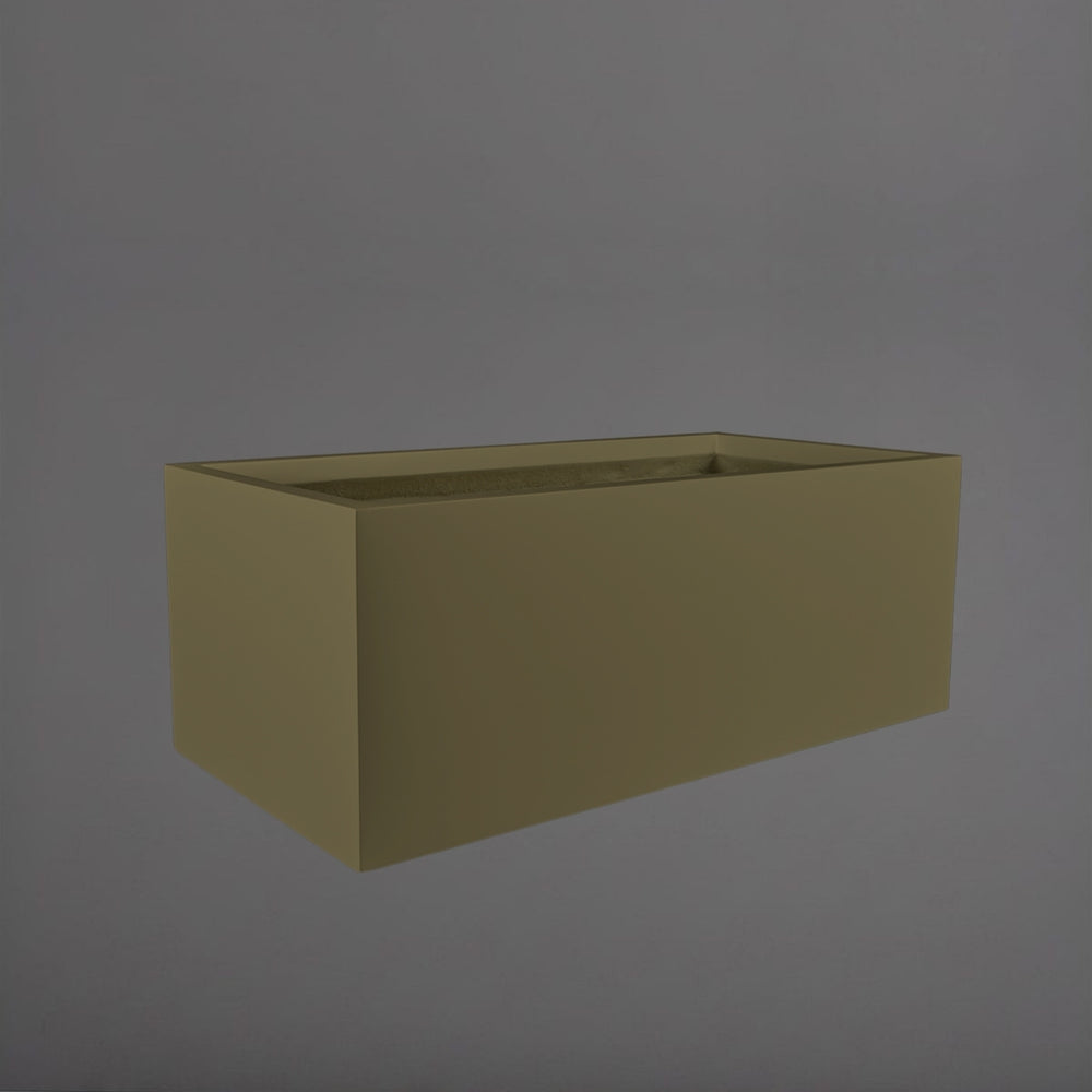 Torino Wide Rectangle Fiberglass Planter in matte bronze against gray background.