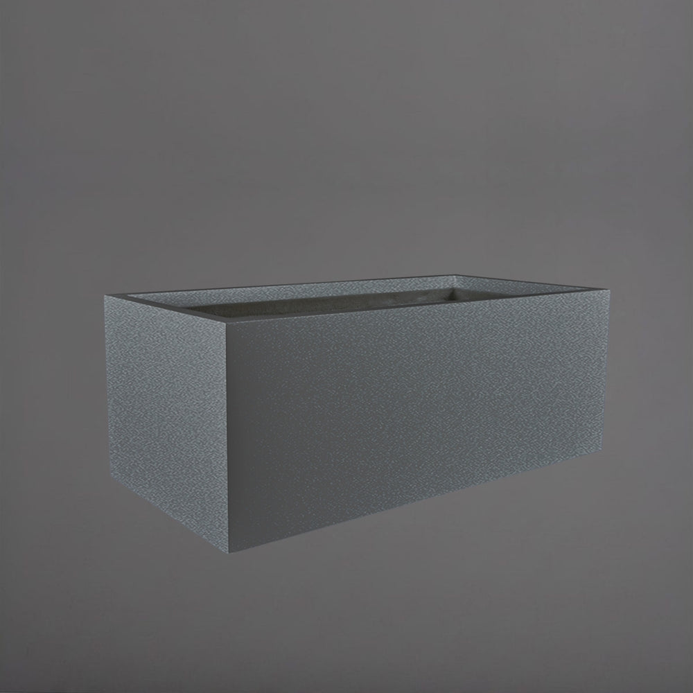 Torino Wide Rectangle Fiberglass Planter in matte gunmetal against gray background.