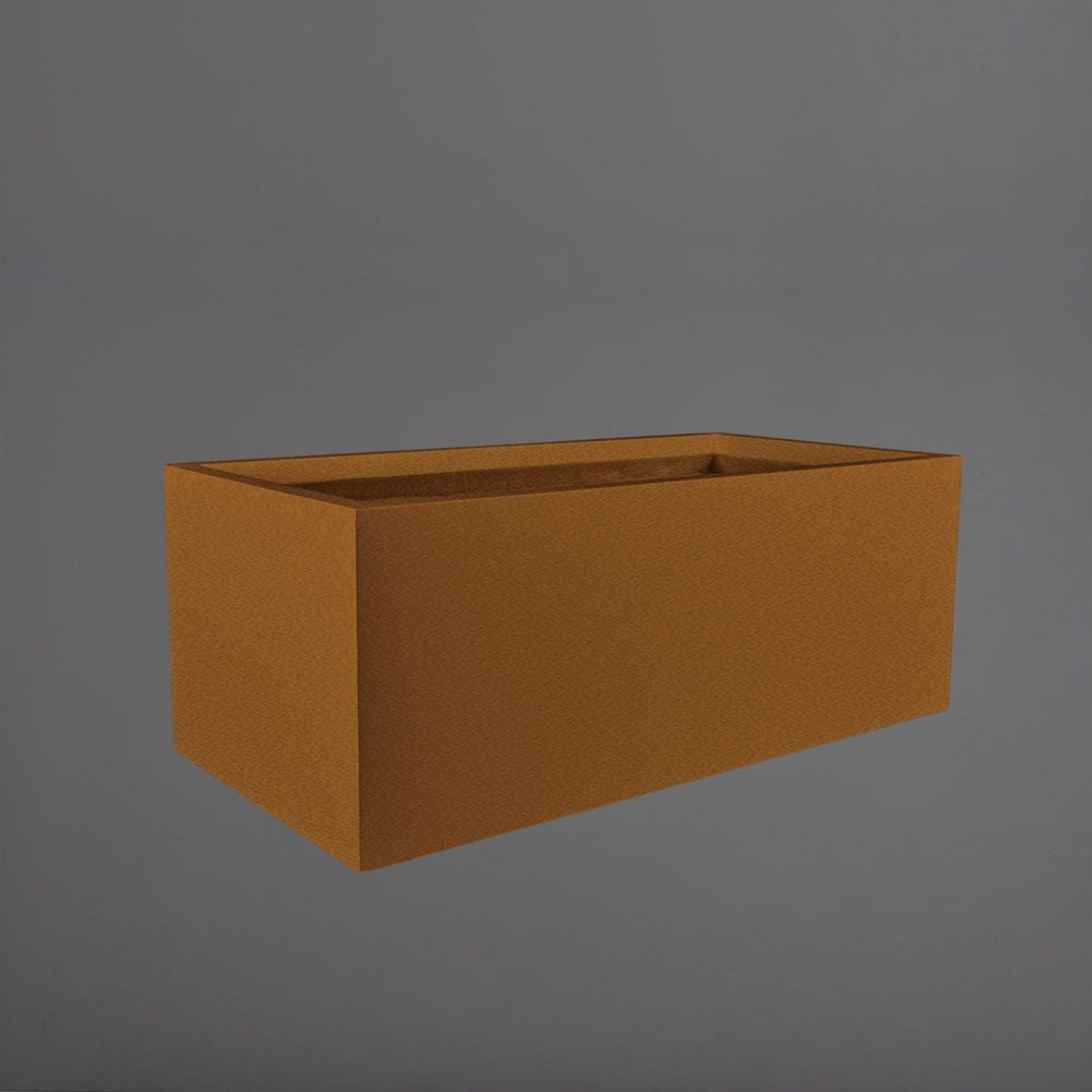 Torino Wide Rectangle Fiberglass Planter in metallic bronze against gray background.
