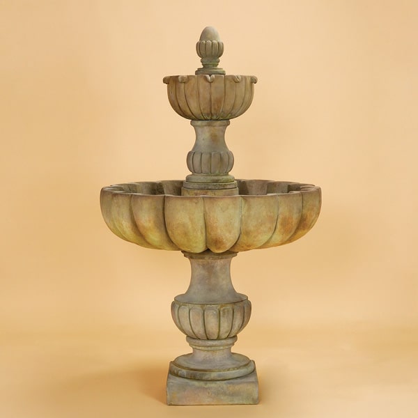 Urbino Grande Tall Two Tier Fountain against brown background.