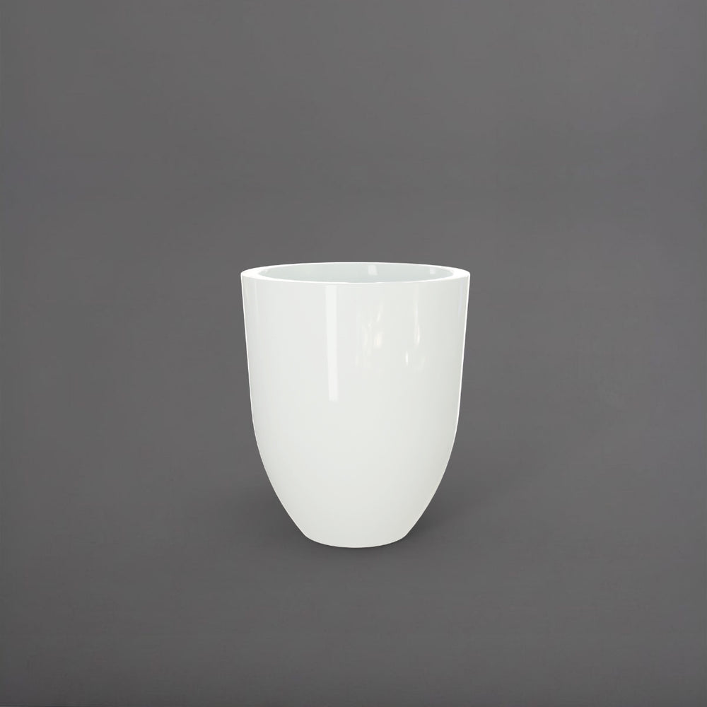 Valencia Tapered Round Fiberglass Planter in gloss bright white against gray background.