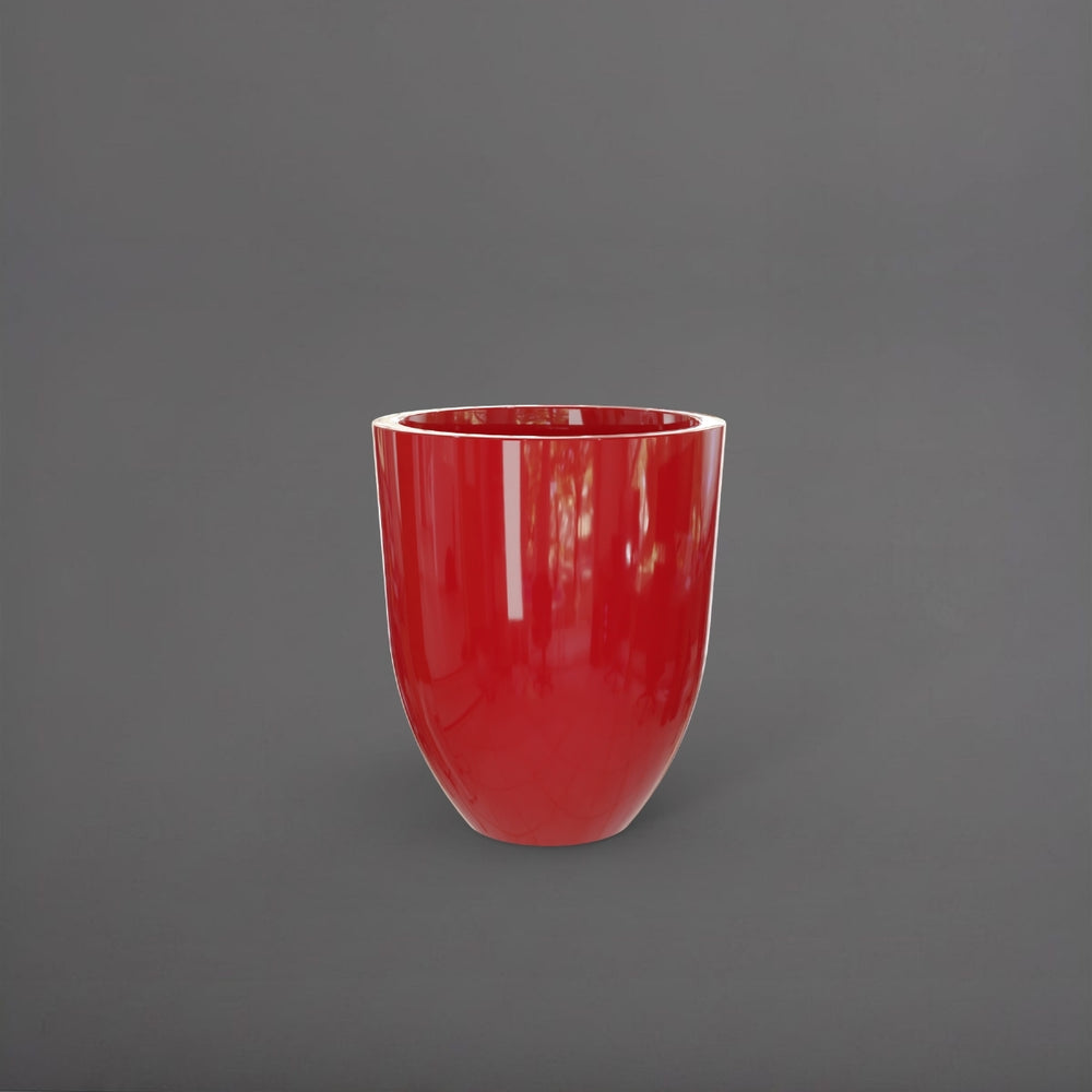 Valencia Tapered Round Fiberglass Planter in gloss red against gray background.