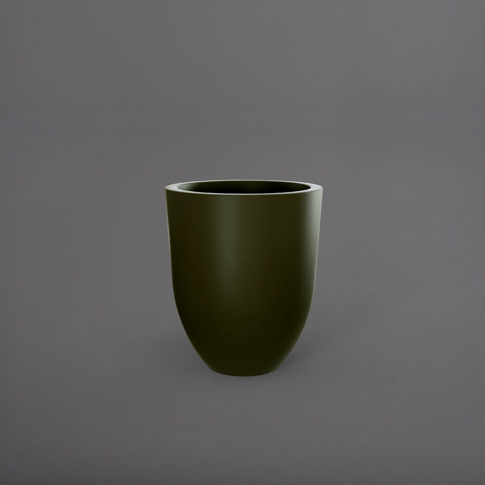 Valencia Tapered Round Fiberglass Planter in matte bronze against gray background.