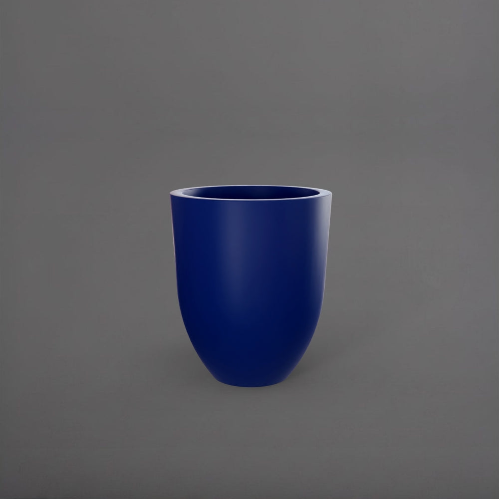 Valencia Tapered Round Fiberglass Planter in matte cobalt blue against gray background.