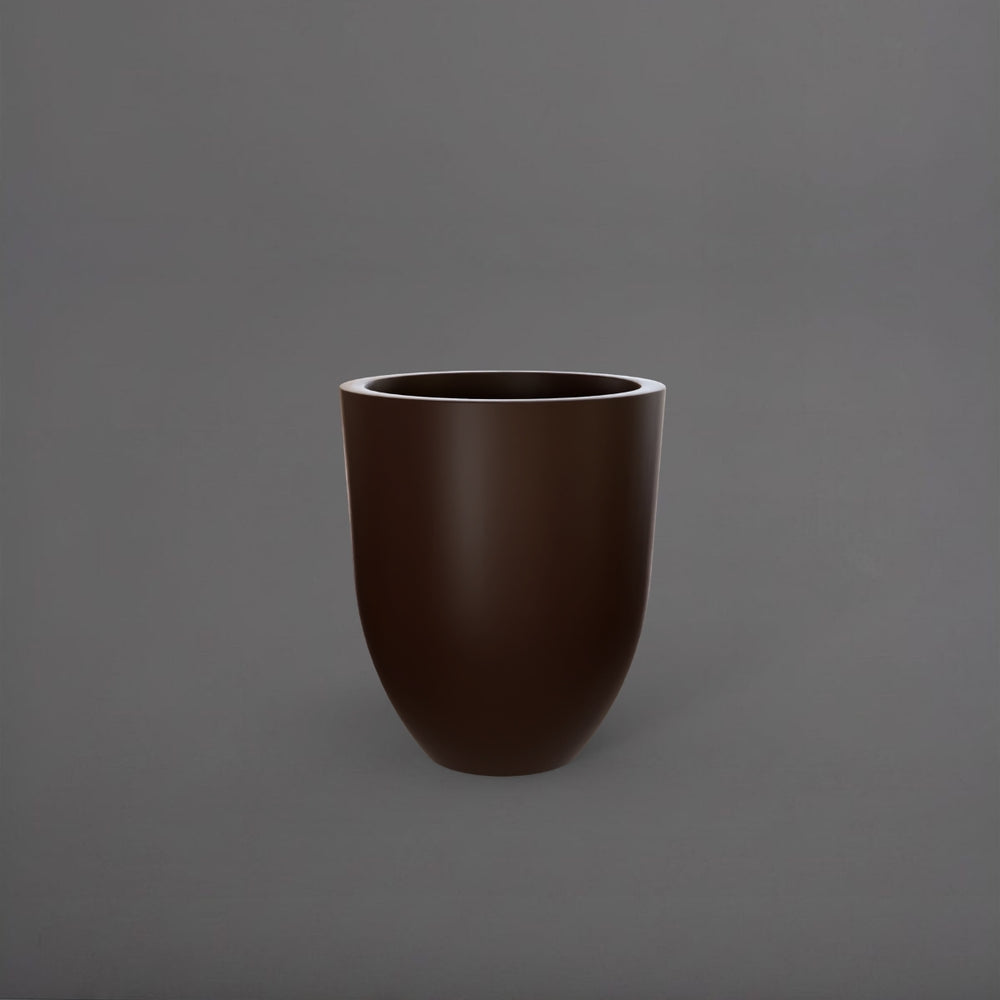 Valencia Tapered Round Fiberglass Planter in matte dark brown against gray background.