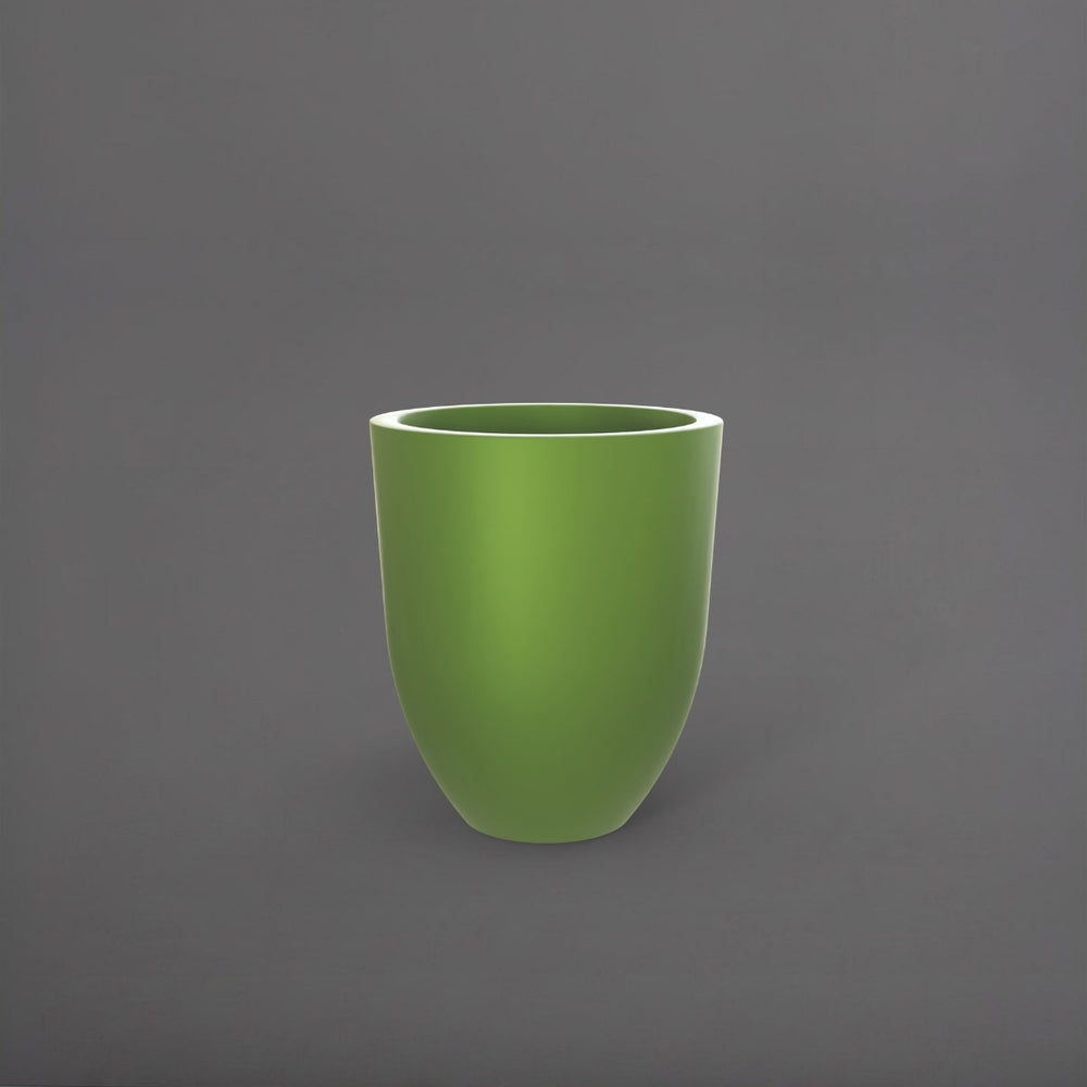 Valencia Tapered Round Fiberglass Planter in satin green against gray background.