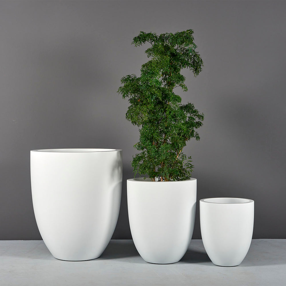 Valencia Tapered Round Fiberglass Planter shown with different sizes filled with plants.