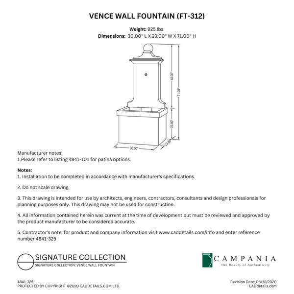 CAD drawing of the Vence Fountain with dimensions, weight, and manufacturer notes.