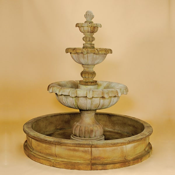 Vistamar Three Tier Pond Fountain against brown background.