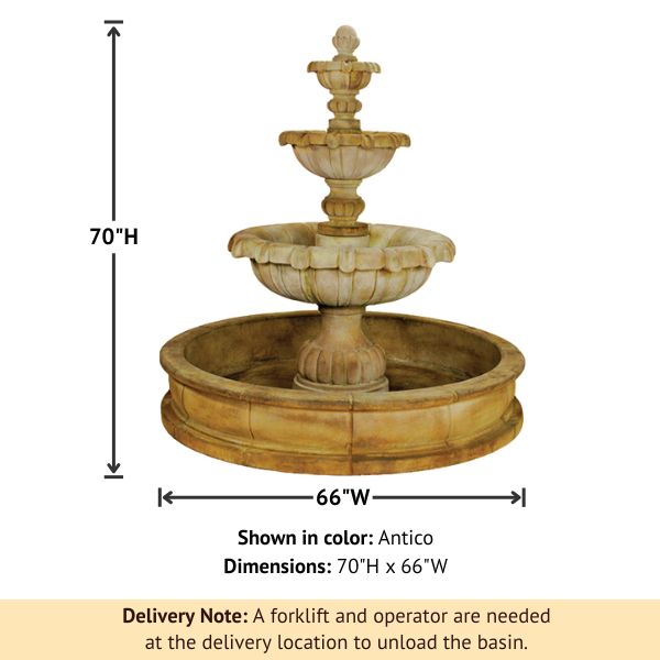 Vistamaer Three Tier Pond Fountain against white background with product details.