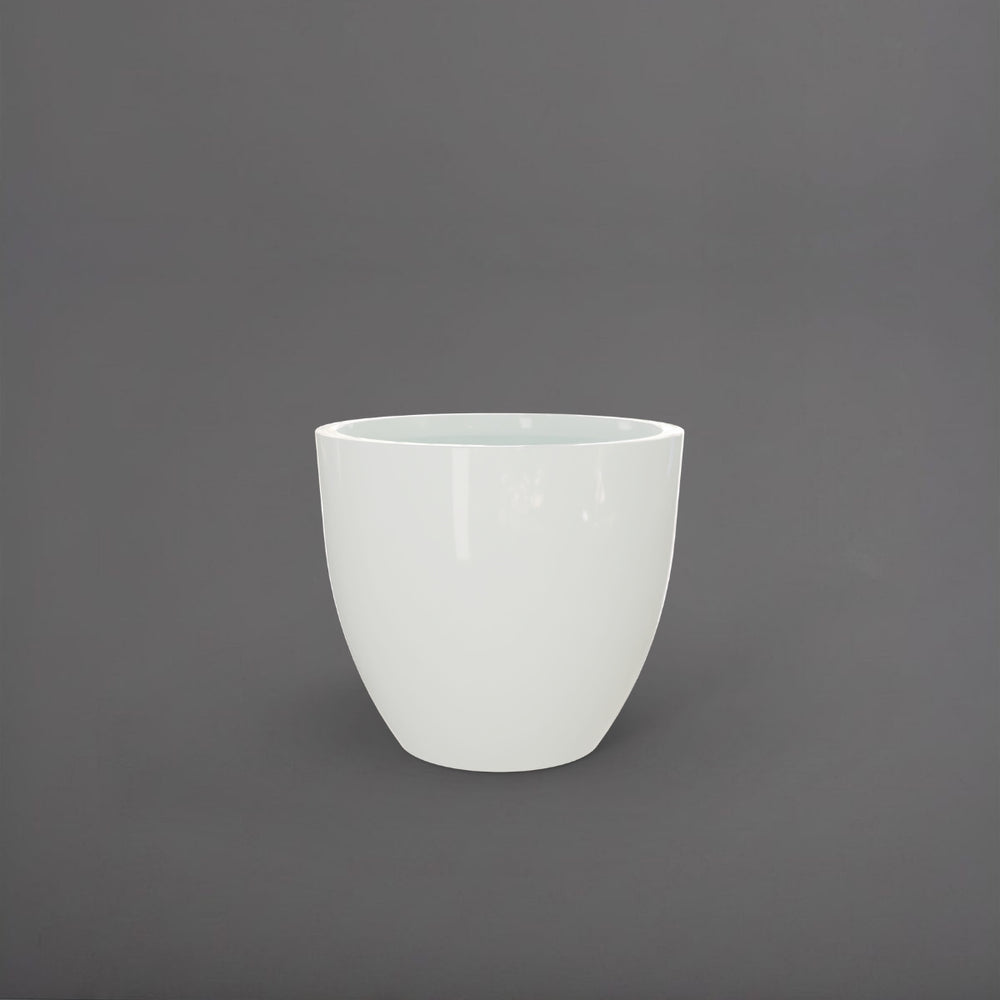 Wannsee Extra Large Round Fiberglass Planter in gloss bright white against gray background.
