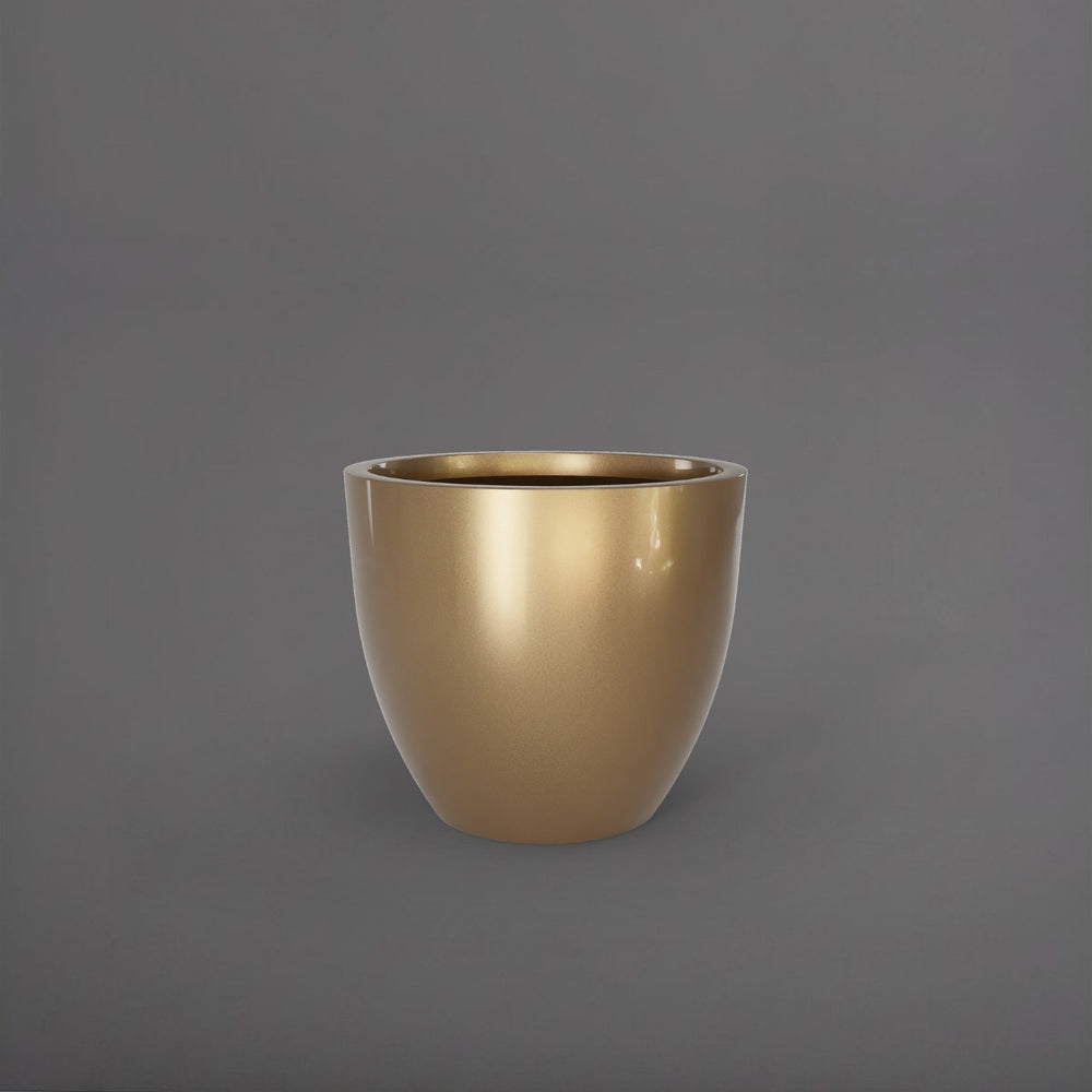 Wannsee Extra Large Round Fiberglass Planter in gloss metallic gold against gray background.