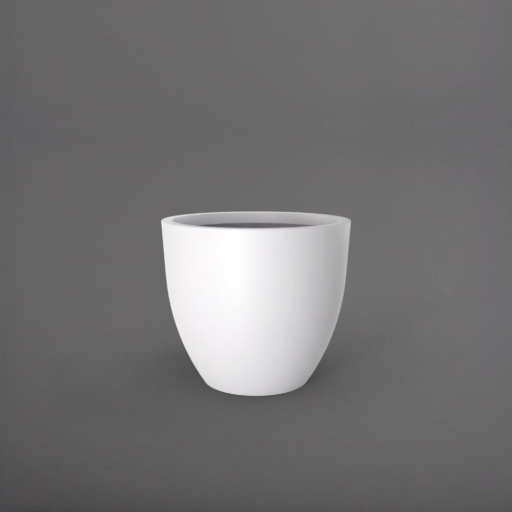 Wannsee Extra Large Round Fiberglass Planter in matte bright white against gray background.