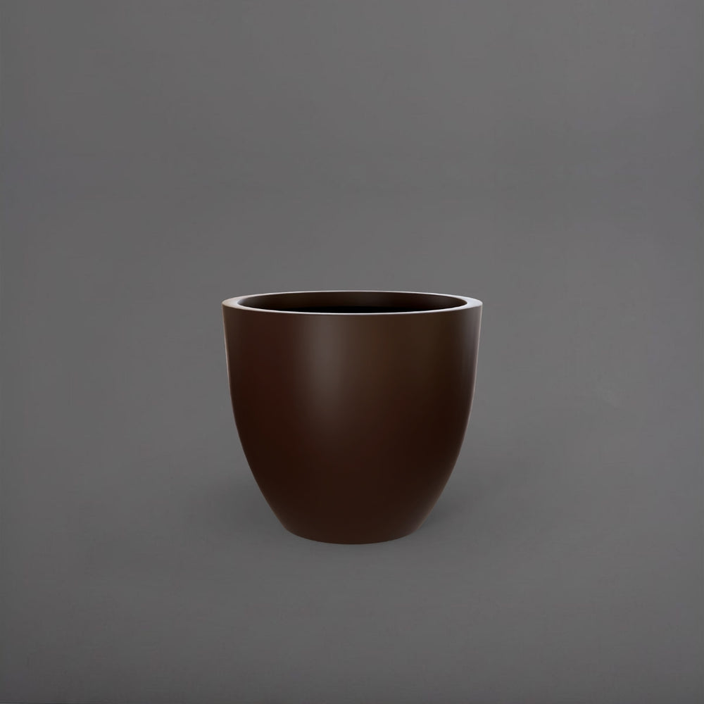 Wannsee Extra Large Round Fiberglass Planter in matte dark brown against gray background.