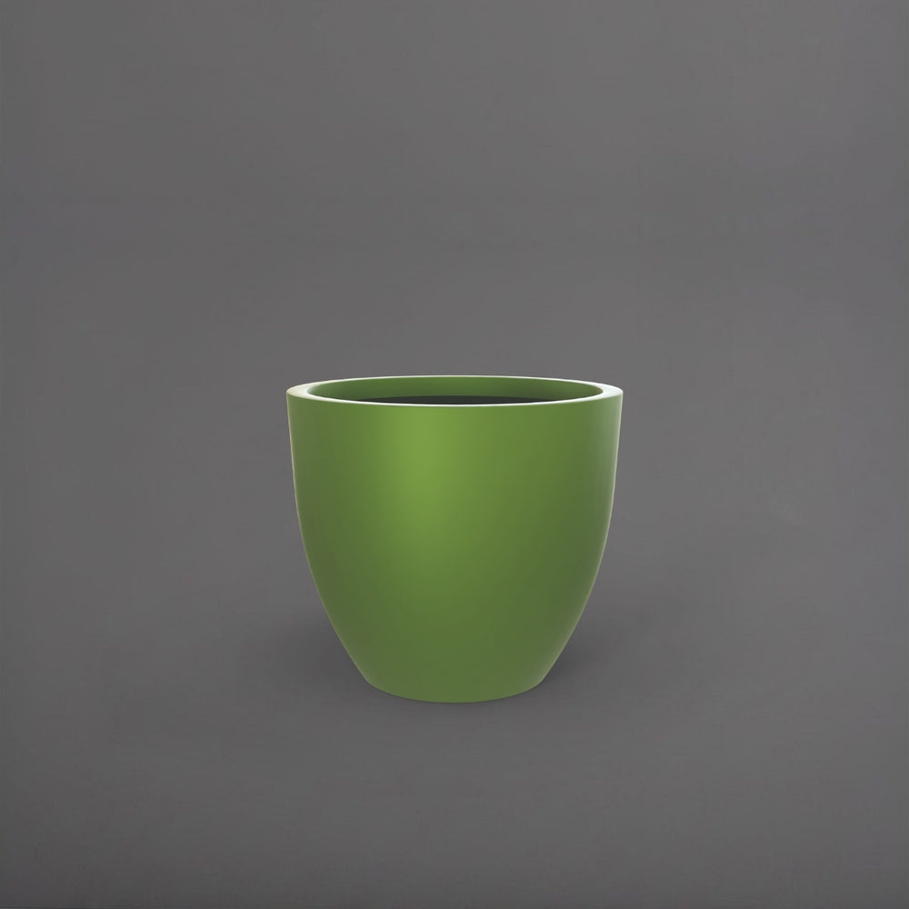 Wannsee Extra Large Round Fiberglass Planter in satin green against gray background.