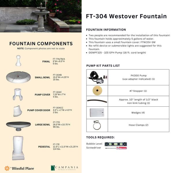 CAD drawing of the Westover Fountain with dimensions, weight, and manufacturer notes.