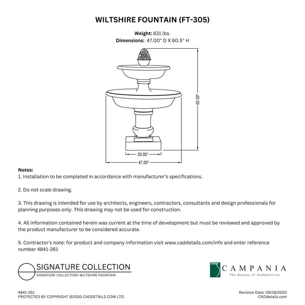 CAD drawing of the Wiltshire Fountain with dimensions, weight, and manufacturer notes.