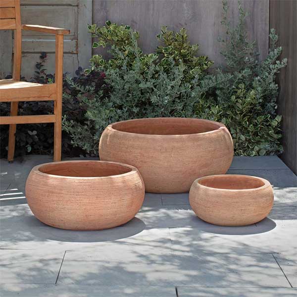 Woodstock Bowl Planter - Terra Cotta - S/3 on concrete in the backyard