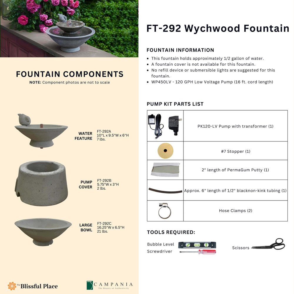 Complete overview of the Wychwood Fountain with dimensions, weights, pump kit parts, tools, and general info.