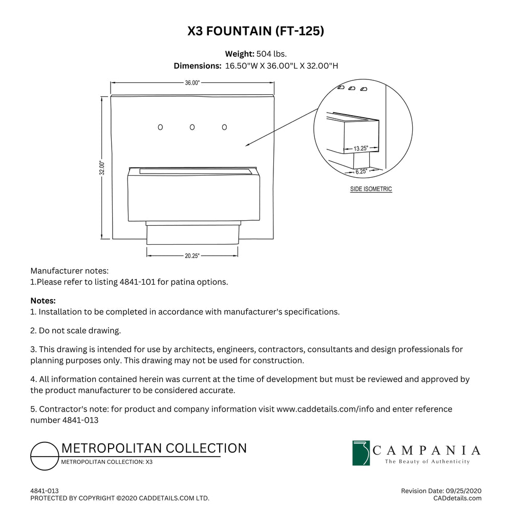 CAD drawing of the X3 Fountain with dimensions, weight, and manufacturer notes.