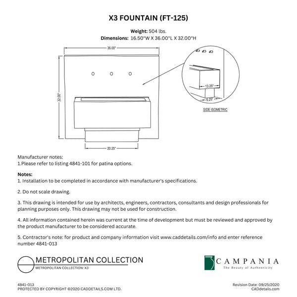 CAD drawing of the X3 Fountain with dimensions, weight, and manufacturer notes.