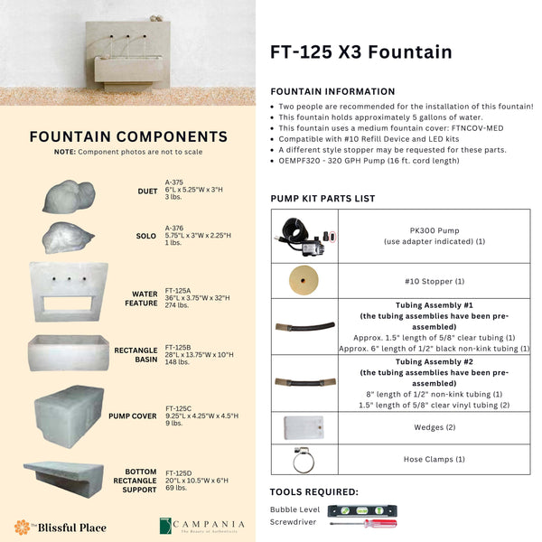 Complete overview of the X3 Fountain with dimensions, weights, pump kit parts, tools, and general info.