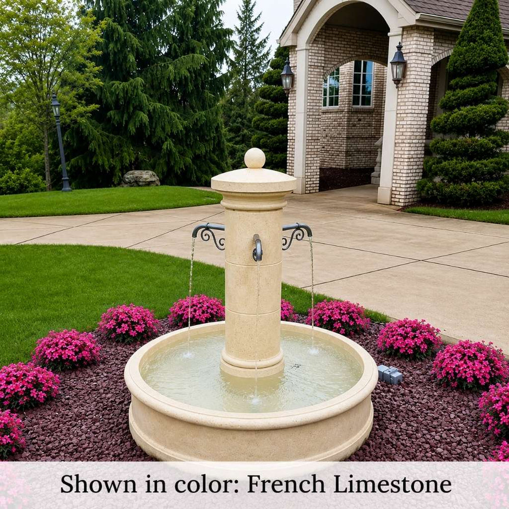 Campania Avignon Fountain in front of house surrounded by pink flowers in action