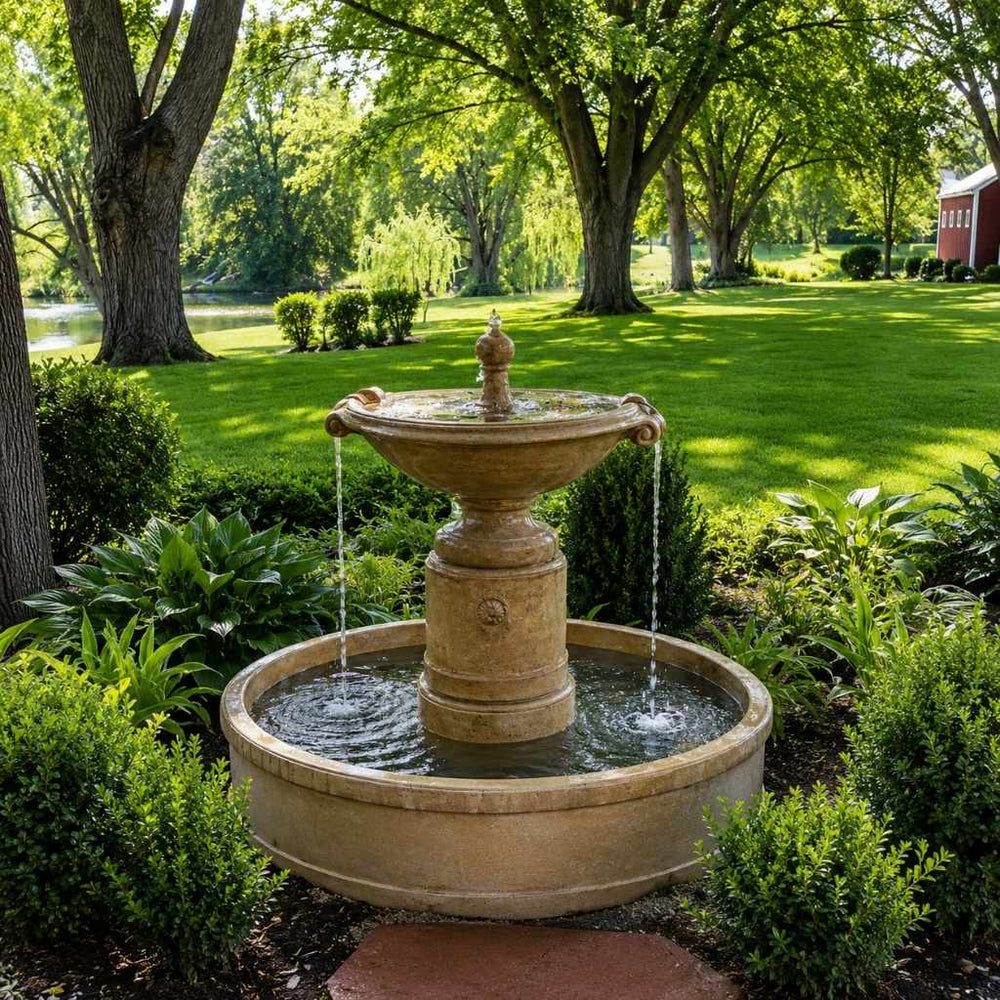 Borghese fountain in basin in backyard running