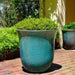 Campana Planter Weathered Copper S/3 on concrete filled with plants