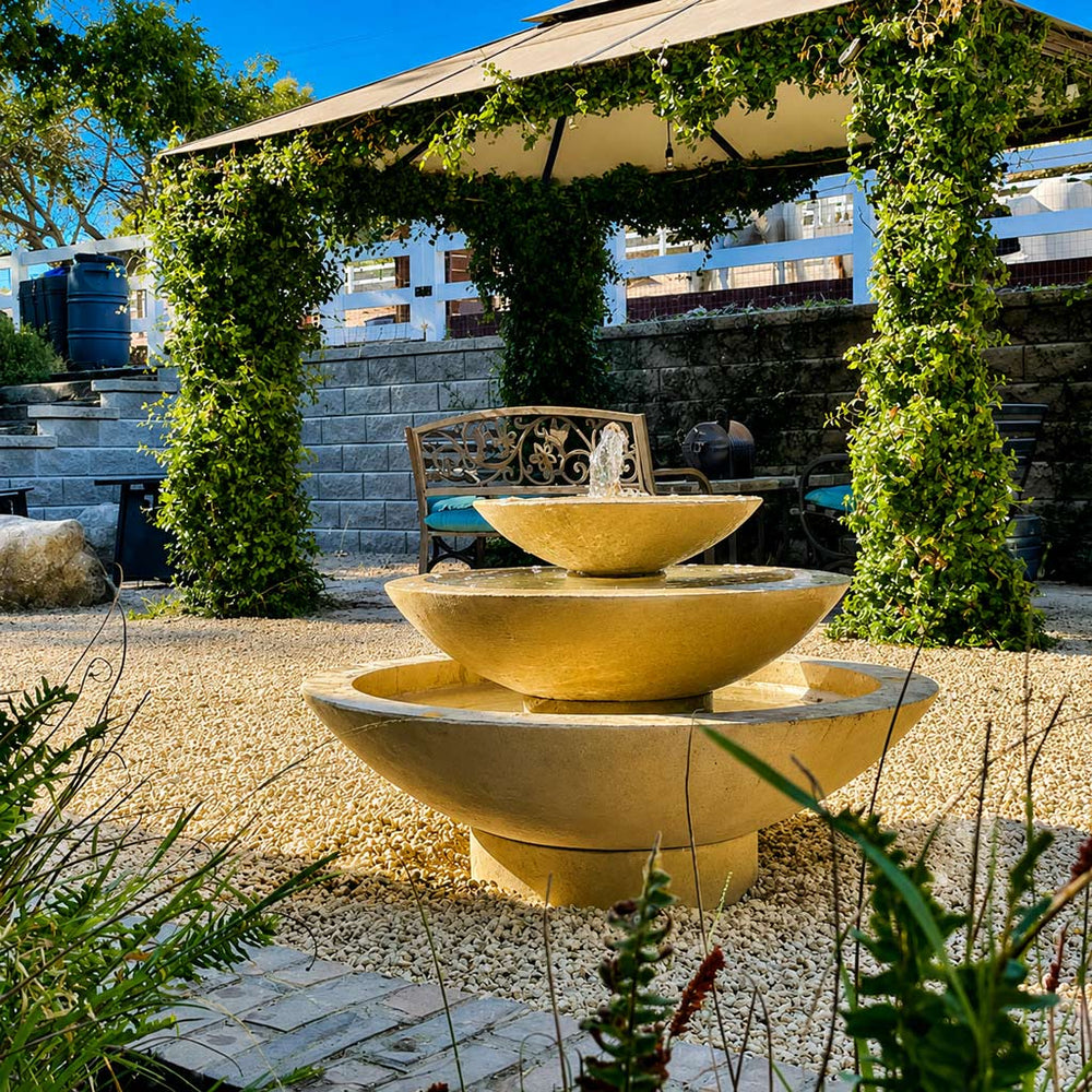Cascade fountain near gazebo in action