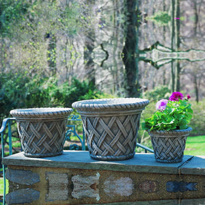 English Weave Medium planter on ledge in backyard