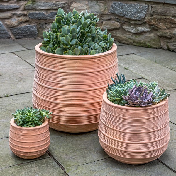 Madera Planter  Terra Cotta S/3 filled with plants in the backyard