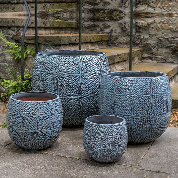 Sand Dollar Planter - French Blue - S/4 on concrete near stairs