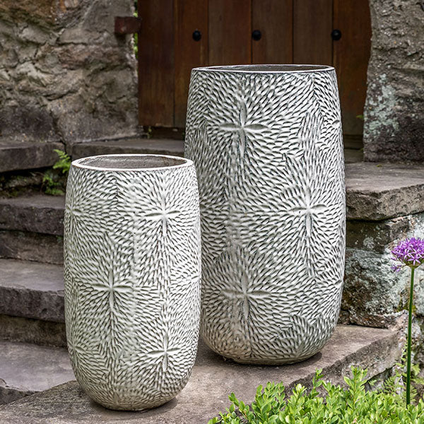 Sand Dollar Tall Planter - Cream - S/2 on ledge beside concrete stairs