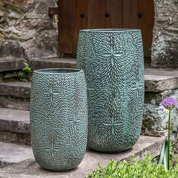 Sand Dollar Tall Planter - Seafoam Green - S/2 on ledge beside concrete stairs